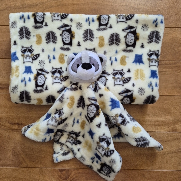Other - Raccoon Print Baby Blanket & Lovey Security Blanket Set – Cream Blue Tan